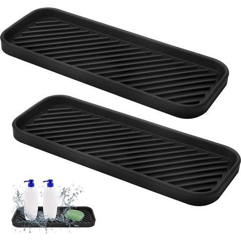 Lot de 2 tapis d'égouttage en silicone - Égouttoir - Rangement pour évier en silicone - Rangement pour éponge et liquide vaisselle - Porte-éponge - Rangement étroit pour évier en silicone - 23 x 9 cm (1/5)