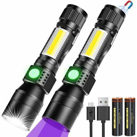 BUNTHAUS Lampe de poche UV 3 en 1, lampe de poche LED rechargeable par USB, aimant zoomable, lampe de travail étanche COB 7 modes 395 nm détecteur d'urine pour animaux de compagnie (2 PC,13cm) (1/5)