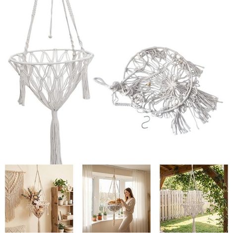 Hamac pour chat - Hamac suspendu en macramé - Lit hamac suspendu pour fenêtre - Panier pour chat tissé à la main - Lit suspendu pour chat - Pour chats d'intérieur - Blanc - 40 cm (1/5)