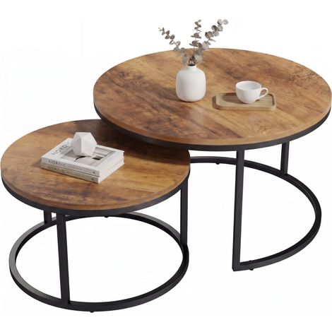 Table basse ronde industrielle en métal 2 pièces pour salon et chambre couleur marron, tables d'appoint élégantes et modernes (1/5)