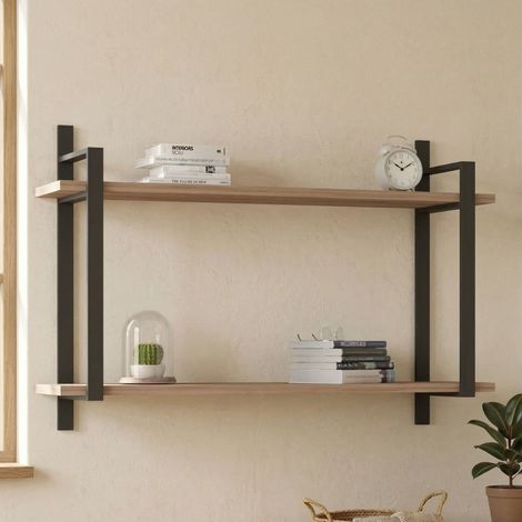 Estante Pralungo, 2 niveles, estructura negra, matiz roble, 90x22x60h cm marrón roble (1/3)