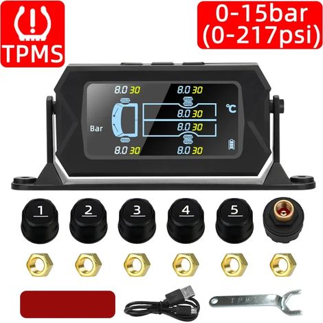 Système de surveillance de la pression des pneus (TPMS) pour camions (0-15 bar) : capteurs de pression des pneus, systèmes d'alarme et de sécurité automobile, affichage numérique, 6 capteurs de pressi (1/5)