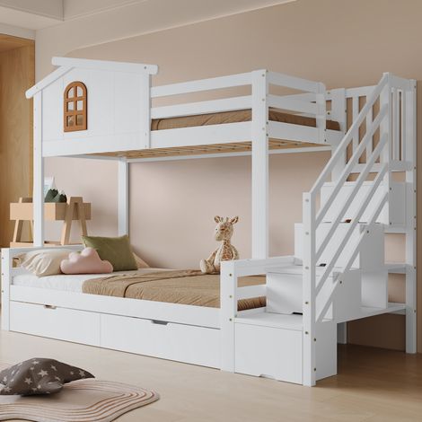 Cama litera infantil (253x125x193.5 cm), con dos cajones con ruedas, ventana decorativa, escalera en esquina, madera y MDF, blanco y natural (1/5)
