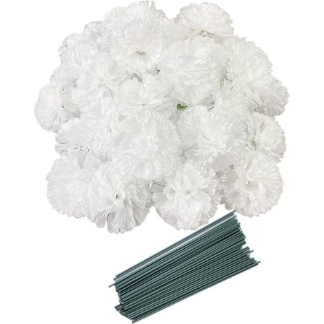 Lot de 50 têtes de fleurs de carnation en soie artificielles avec tiges, remplissage de vase pour décoration de maison, mariage, anniversaire, gâteau, bracelet de corsage, têtes de pétales de 3 (1/5)