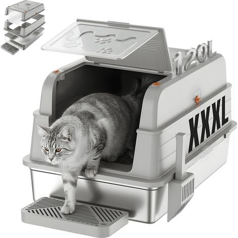 120L bac à litière pour Chat XXXL, bac litière pour Chat en Acier Inoxydable 3 en 1 (Ouvert/Semi-fermé/fermé) avec Couvercle Rabattable 150°, Anti-Rayures et Anti-fuites, Plateau Anti-Sable (1/5)