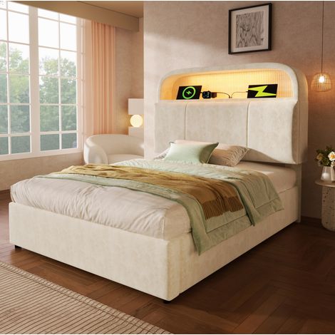 Cama con almacenaje 90x200 cm beige de terciopelo con LED, puertos USB/Type-C y colchón (1/5)