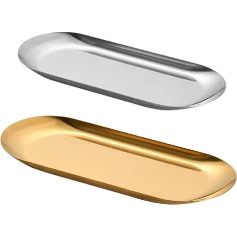 Ensemble de 2 plateaux décoratifs en acier inoxydable, 23cm et 18 cm, plateaux en métal, bacs à bijoux, boîtes de stockage pour cosmétiques, bacs à stockage pour toilettes, petits bacs à stockage, (or