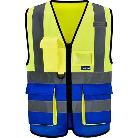 Gilet de sécurité haute visibilité avec fermeture éclair et poches, jaune et bleu, 4XL-5XL (1/4)