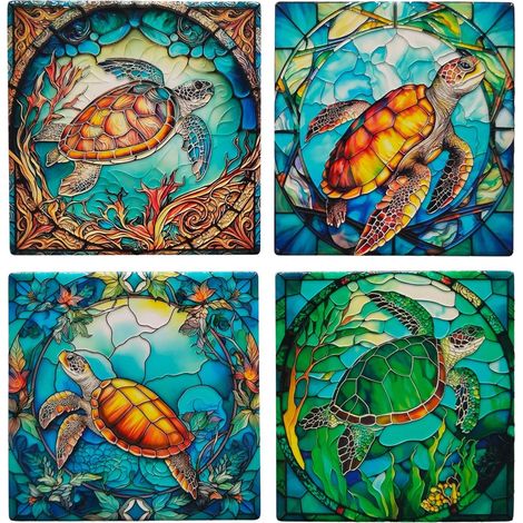 Set de 4 posavasos de cerámica vidriera tortuga turquesa (1/4)