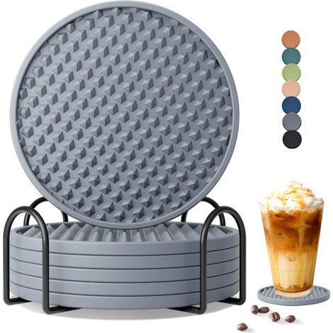 Lot de 6 sous-verres avec support, en silicone, pour protéger tous types de tables. Ces sous-verres décoratifs constituent également un cadeau de mariage idéal. Couleur : bleu foncé. (1/5)