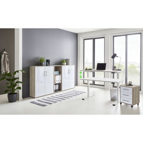 BMG Möbel Büromöbel komplett Set mit elektrisch höhenverstellbaren Schreibtisch in weiß Arbeitszimmer e-Dition in Eiche Sonoma/weiß Hochglanz lackiert/Gestell weiß