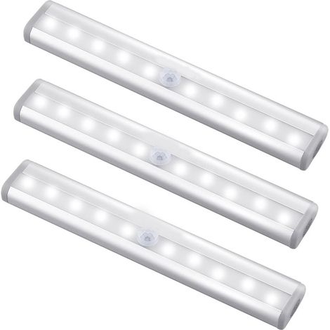 Detecteur De Mouvement - Lumière LED Sans Fil À Capteur PIR - Pour Placard Couloir Escalier - 10 LED - Alimenté Par 4 Piles AAA - Avec Bande Magnétique - Lot De 3