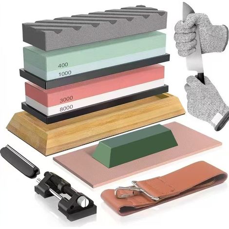 Whetstone – Professionelles Messerschärfer-Set 400/1000 3000/8000 mit rutschfester Basis, Abflachungsstein, Winkelführung, Lederband und schnittfesten Handschuhen 12 in 1
