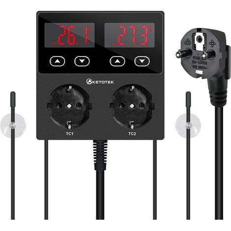 Double sortie de contrôleur de température numérique 10A Relais Chauffage Refroidissement Thermostat Prise contrôlée avec capteur pour brassage de reptiles Fermentation (1/5)