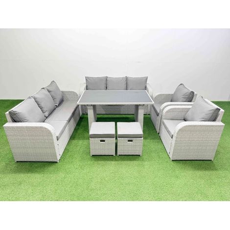Fimous 10 Seater Wicker PE Rattan Furniture Outdoor Dining Table 3 Seater Sofa Reclining Chair Set with 2 Small Stools Light Grey (1/4)