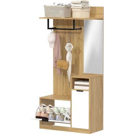 Eingangsbereich mit Bar, 4 Haken, Bank mit Schuhablage und Schrank, Eiche und Weiß