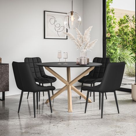 Malvern Round Dining Table And Chairs - Black Table Top w Solid Oak Legs + Nova Faux Leather Dining Chair Set Of 4 (Black) (1/5)