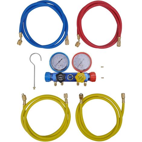 Manifold 4 voies climatisation, 4 flexibles 152 cm, vanne aluminium, R134/R410A/R22/R407C - PANGIVO (1/5)