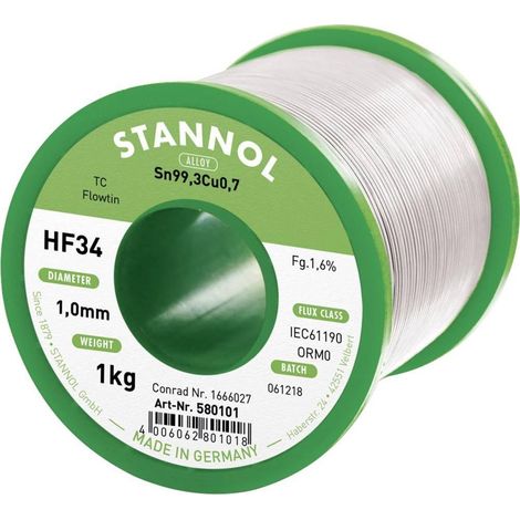 Stannol HF34 hilo de soldadura sin plomo 1,0 mm 1000 g