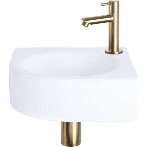 Differnz Cleo kit lave-mains - 30x30x10cm - quart de rond - 1 trou de robinet - droit robinet doré mat - céramique blanche (1/5)