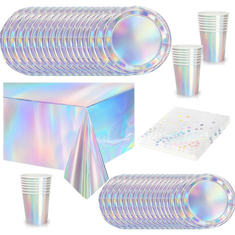 65 pièces Vaisselle Jetable Arc-en-ciel Holographique,Comprend Assiettes Carton Jetable Tasses Serviettesr en Papier et Nappe,Kit Decoration Anniversaire Fêtes Pique-niques Mariage Noël,Biodégradables (1/5)