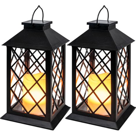 Lot de 2 lanternes solaires d'extérieur - Lanterne suspendue étanche avec bougie LED à effet scintillant - Éclairage de jardin de 33 cm pour terrasse, porte d'entrée et balcon (noir) (1/4)