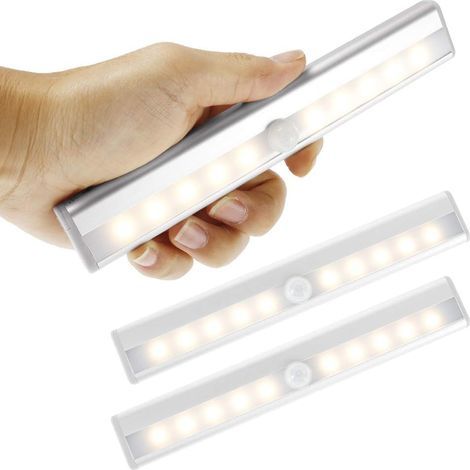 Set of 3 LED Motion Sensor Lights Indoor Wardrobe Light 10 LEDs Wireless Spotlight, LED Closet Lamp Battery Powered LED Lighting with Magnetic Strip, Children's Night Light Stairs Corridor (Warm) (1/5)