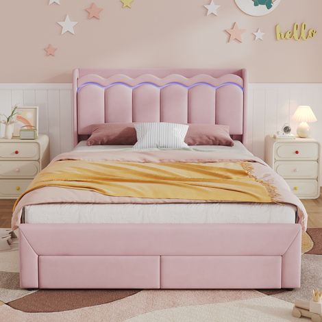 Lit enfant 140 x 200 cm, cadre de lit avec rangement, 2 tiroirs, étagères ouvertes, éclairage LED, tête de lit rembourrée, velours, rose (1/5)
