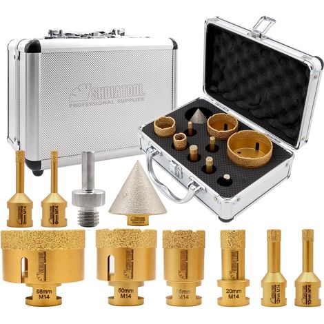 Foret Diamant Kit Trépan Carrelage M14 Filetage 6/8/10/12/20/35/50/68 mm/50 mm Diamants chanfrein/Adaptateur de tige triangulaire pour carreaux de porcelaine Céramique Granite Marbre (1/5)