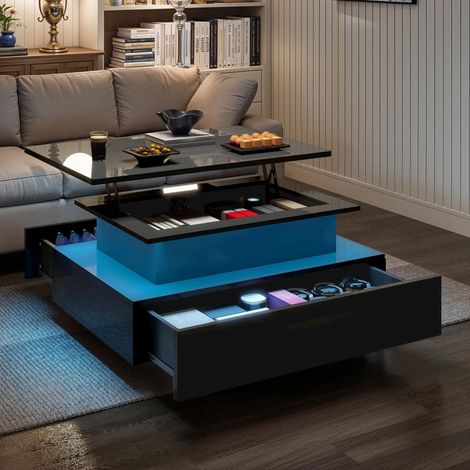 Table basse rectangulaire avec plateau relevable – Meuble de salon avec 2 tiroirs et éclairage LED multicolore 16 teintes (1/5)