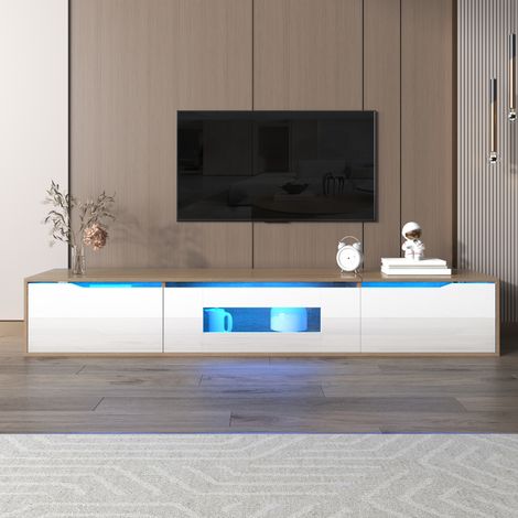 Meuble TV laqué brillant, assorti au blanc brillant et à la couleur bois, avec éclairage LED changeant de couleur. (1/5)