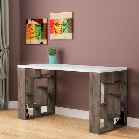 Decortie Labirent Moderner Schreibtisch mit Bücherregalbeinen Breite 137cm - Weiß / Dunkelbraun