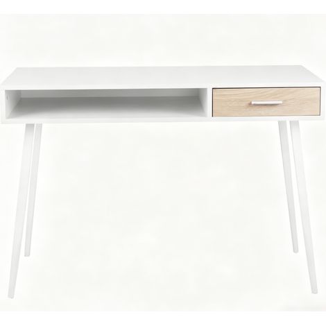 Bureau blanc en MDF avec tiroir, plateau 110x50 cm, pieds en acier, surface de travail polyvalente (1/5)