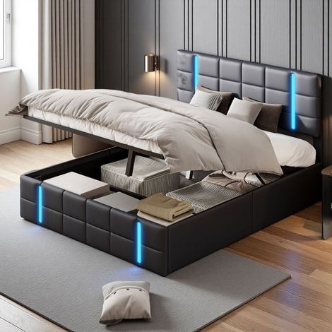 Cama Doble 160x200 - Cofre Hidráulico - Iluminación RGB - USB Integrados - Diseño Minimalista Negro