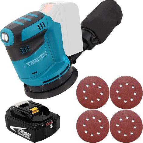 Akku-Exzenterschleifer, Schleifer 18V Ø 125mm, Bürstenlos,mit Schleifpapier 4PCS + 1x 5,5Ah Akku (Ladegerät nicht im Lieferumfang enthalten),Kompatibel mit Makita-Akku