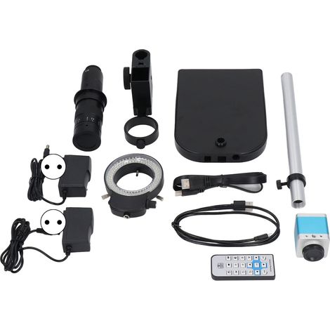 Microscope industriel 4K avec lampe annulaire LED, grossissement 180x, caméra d'inspection et kit de montage, 100–240 V, prise européenne (1/5)