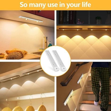 2PCS Lampes LED sans Fil Lumière de Placard,Lampes de Dessous d'armoire à Gradation,Détecteur de Mouvement, 3 Modes d’Éclairage,Lumière de Placard pour Cuisine,Chambre,Couloir, Escalier (1/4)