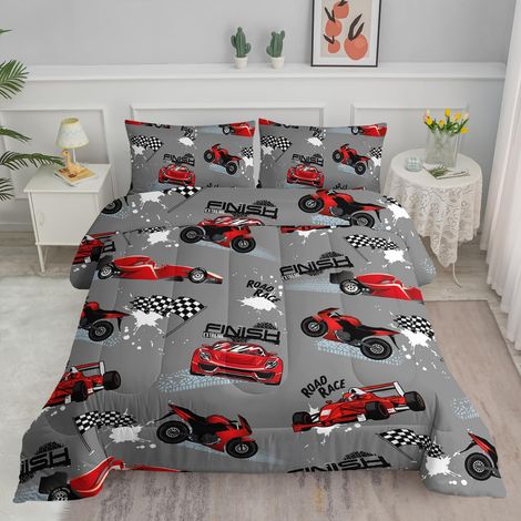 Parure de lit pour Enfant Motif Voiture de Course pour garçons et Filles 1 Couette et 2 taies d'oreiller Rouge et Gris (1/5)
