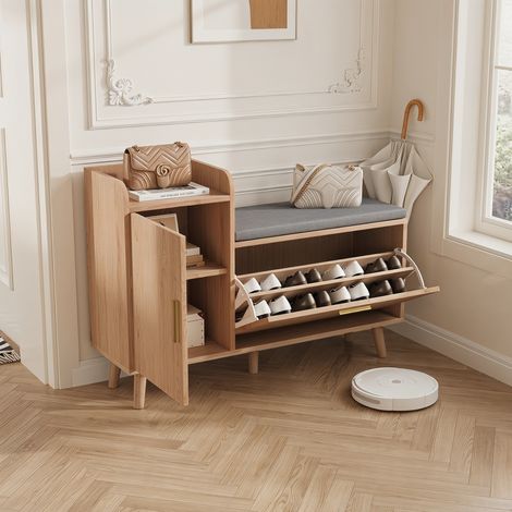 Meuble à chaussures avec siège amovible, Rangement avec tiroir à abattant, poignées métalliques et pieds en bois massif, Dimensions 100x30x70cm