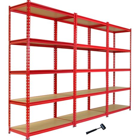 3 Estanterías Rojas Metalicas Z-Rax Sin Tornillos 90x45x183cm 5 Estantes (Capacidad de Peso por Estante 360kg) Almacenamiento Almacenaje Herramientas Taller Garaje Industrial con Mazo de Goma GRATIS