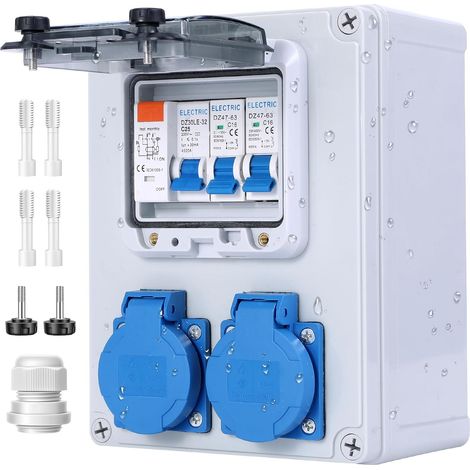 Répartiteur mural pré-câblé - Répartiteur de courant de construction avec interrupteur FI 25 A+LS - Disjoncteur 16 A - 2 prises Schuko 230 V - Boîtier étanche IP67 - Répartiteur de courant de (1/5)
