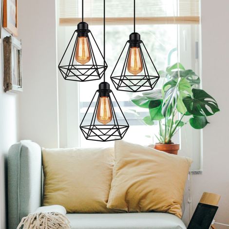 Pendelleuchte, Vintage Hängelampe mit Metall Käfig, Kronleuchter in Ø20cm Diamant Form E27 Fassung für Wohnzimmer Esszimmer Küche - 3 Flammig mit Runder Lichthalter Schwarz (1/5)