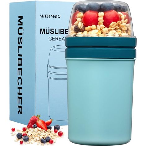 Bol muesli a emporter avec cuillère,600 ml + 270 ml Gobelets à Céréales,Pot de yaourt en plastique,Pot petit dejeuner porridge Salade Bols avoine overnight oats jar (Bleu Ciel) (1/5)