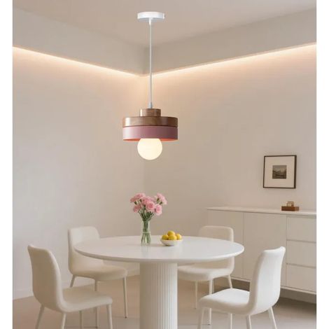 Lustre Moderne en Bois 18cm,Lampe Suspension Vintage Abat-jour Design Cylindrique Rose E27 Luminaire Plafonnier Retro (1/5)