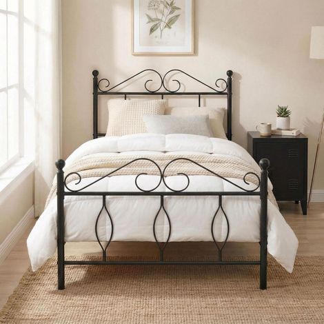 FurnitureR 3ft Single Metal Bed Frame Simple Modern Iron Design for Teenagers/Adults, for Bedroom, Student Dormitory, with a Unique Design Headboard Footboard, Suitable for 90x190CM Mattress, Black