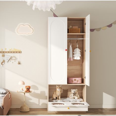 Armoire enfant 80x50x200 cm blanc et naturel en MDF avec penderie, rangements ouverts et niche pour animal (1/5)