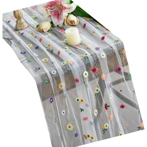Nappe brodée Vintage Inspire en polyester résistant, motif floral et dentelle, blanche, pour salle à manger. (1/5)