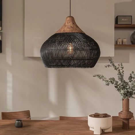 Suspension vintage en rotin JOYINLED, abat-jour en osier tressé à la main, noir, 60 cm, pour salle à manger ou salon. Ampoule E27. (1/3)