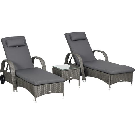 Outsunny Sonnenliege Gartenliege Tisch 3er-Set Gartenmöbel, Polyrattan+Metall Grau+Dunkelgrau (1/5)