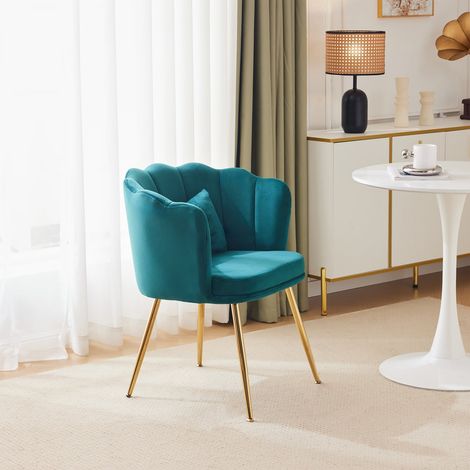 Fauteuil moderne en velours style baignoire – dossier pétale, pieds métal doré, coussin papillon, salon ou salle de bains (1/5)
